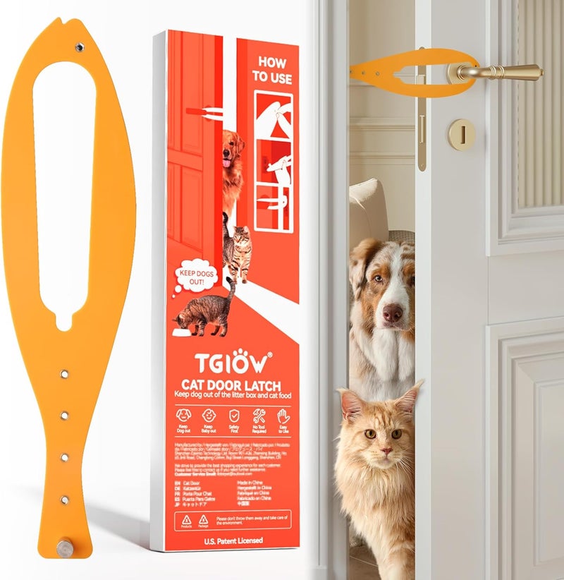TGIOW Cat Door Latch, 1 Pcs Cat Door Stopper Pet Door Latch to Keep Dog Out of Litter Box and Food, Door Prop for Cat with 5 Adjustable Size Strap 2.5-6" Wide, No Measuring, Easy to Install, Yellow - Image 1